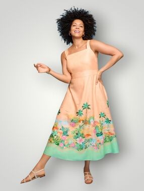 Talbots Petite Square Neck Maxi Dress 14P Peach Tropical Border Print Linen Cott